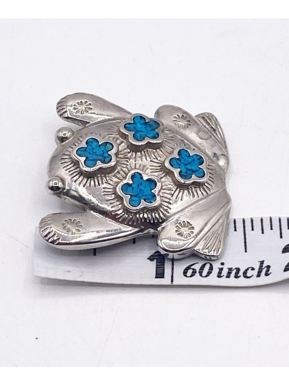 Vintage Trifari Frog Brooch Pin Silver Tone Blue Faux Turquoise Southwest 90s - Picture 8 of 9
